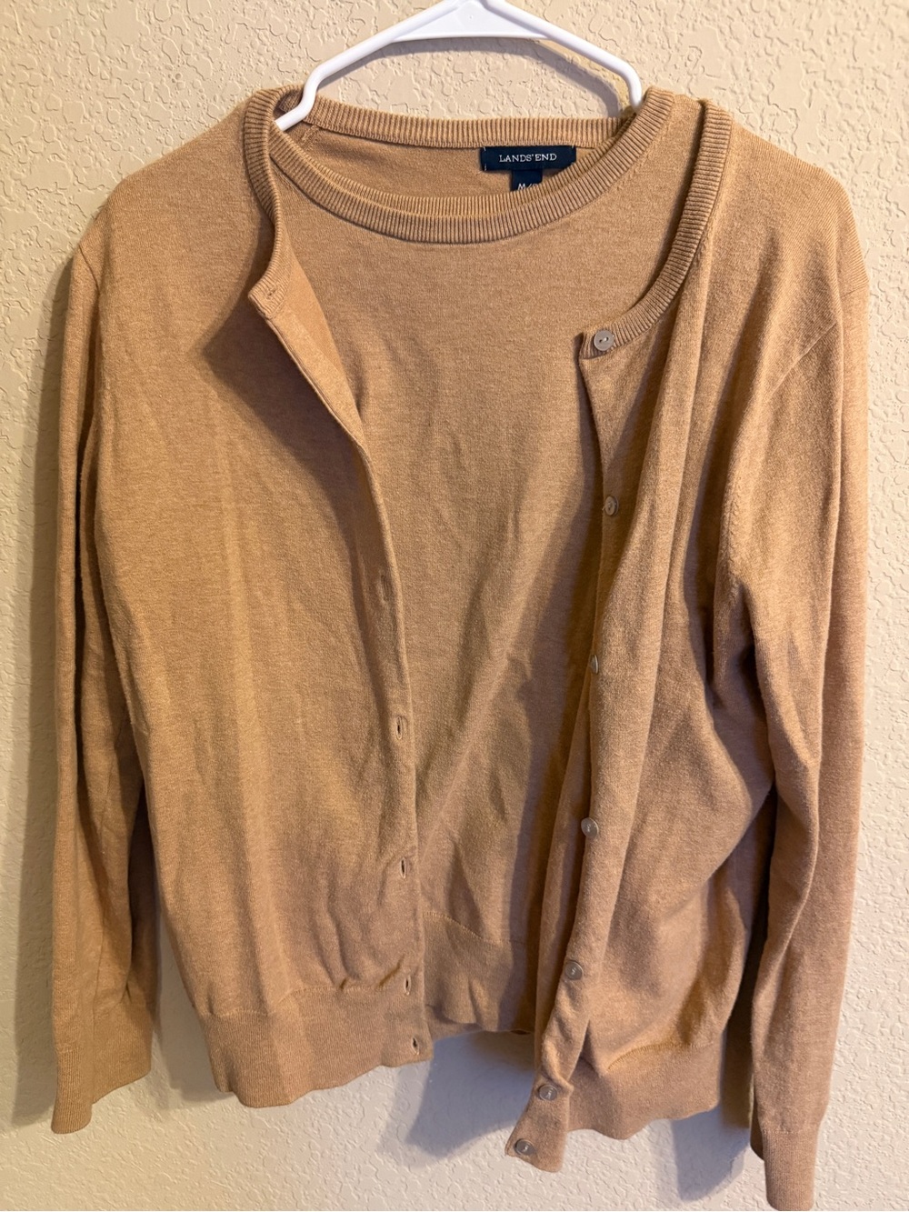 Lands' End Women's Tan Crewneck Sweater and Cardigan Twin Set